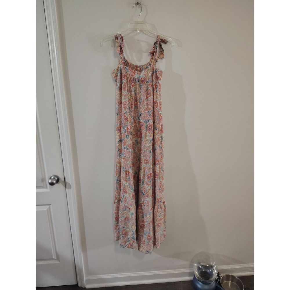 FRNCH Paris Paisley Print Tie Shoulder Smocked Maxi Dress Multi Color Small
